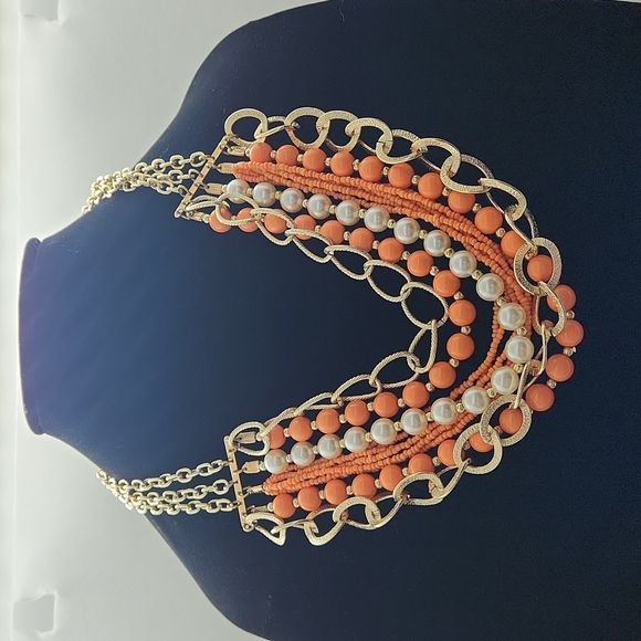 Gold and Orange Statement Necklace - 6 Strands - Picture 3 of 8